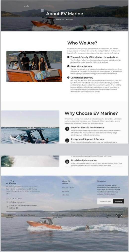 EV Marine about page before the CRO Digital rebuild