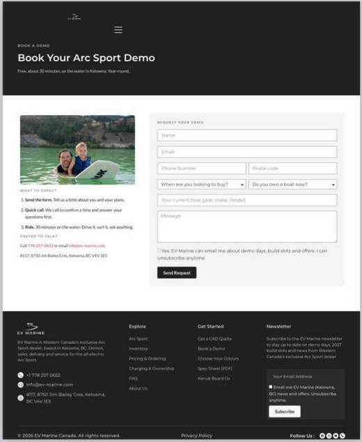EV Marine demo booking page after the CRO Digital rebuild