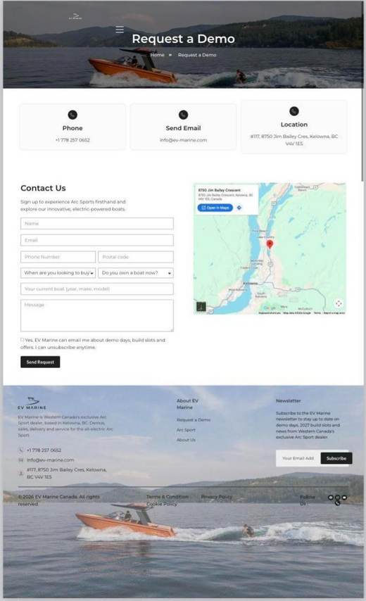 EV Marine demo booking page before the CRO Digital rebuild