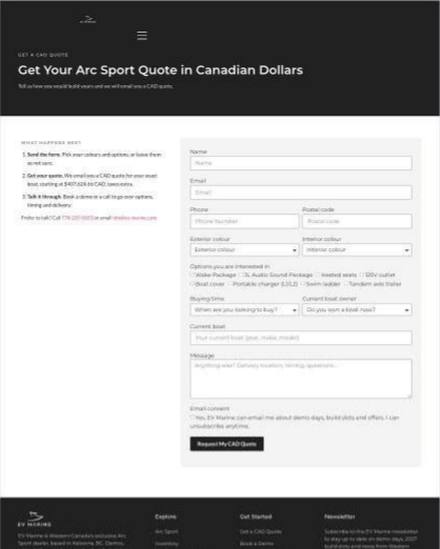EV Marine: Get a CAD quote page