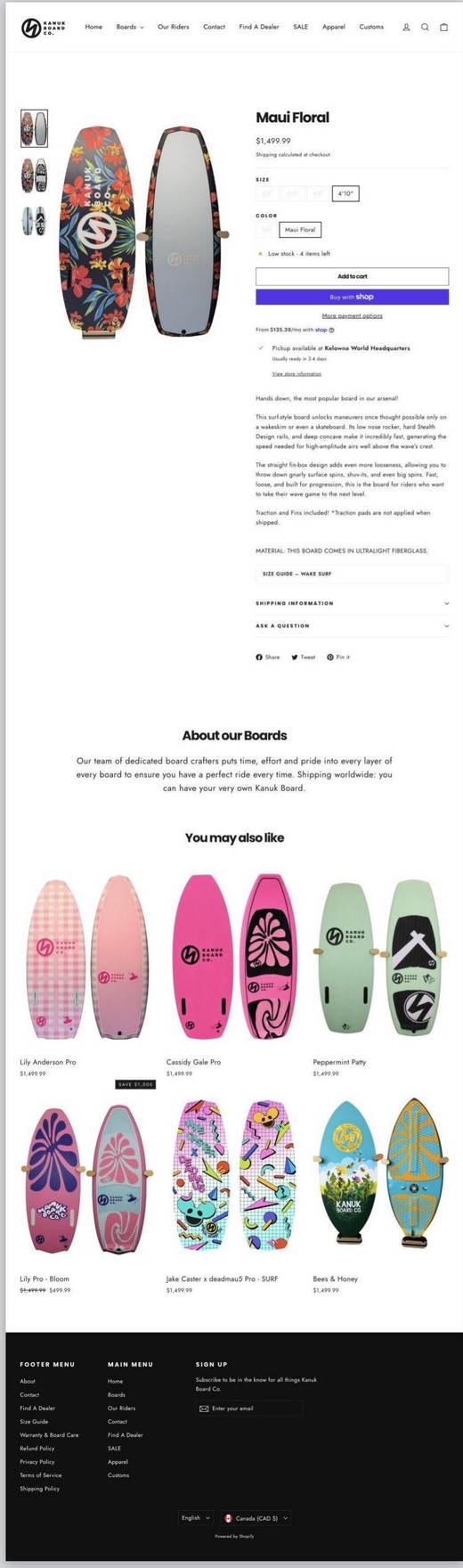 Kanuk Board Co board page before the CRO Digital rebuild