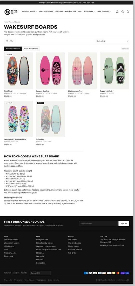 Kanuk Board Co wakesurf boards page after the CRO Digital rebuild