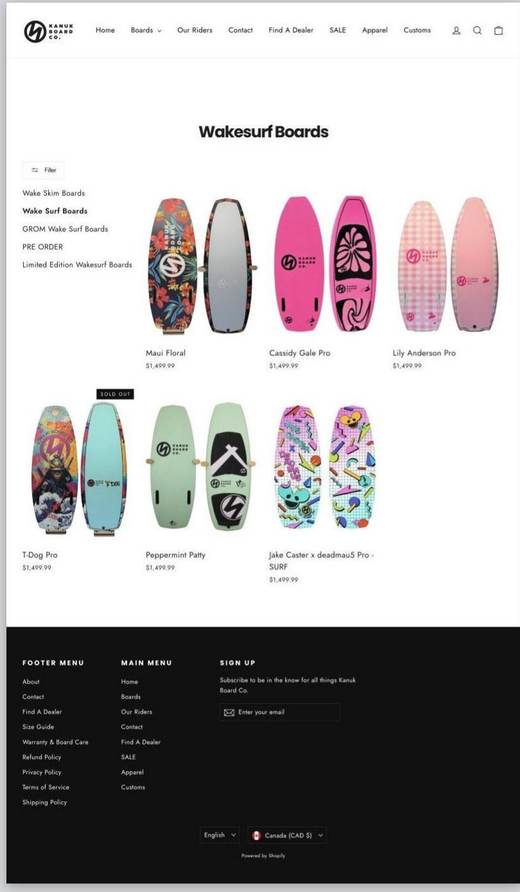 Kanuk Board Co wakesurf boards page before the CRO Digital rebuild